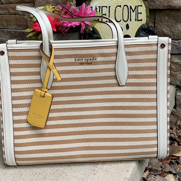Authentic KATE SPADE Leather/stripe thick canvas zip top closure tote with charm - Picture 1 of 12